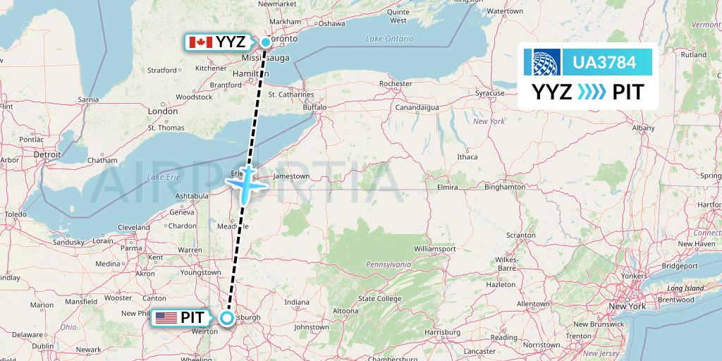UA3784 United Airlines Flight Map: Toronto to Pittsburgh