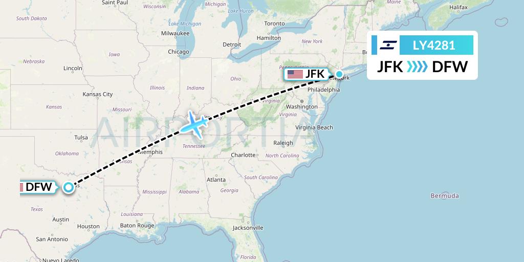 LY4281 El Al Flight Map: New York to Dallas