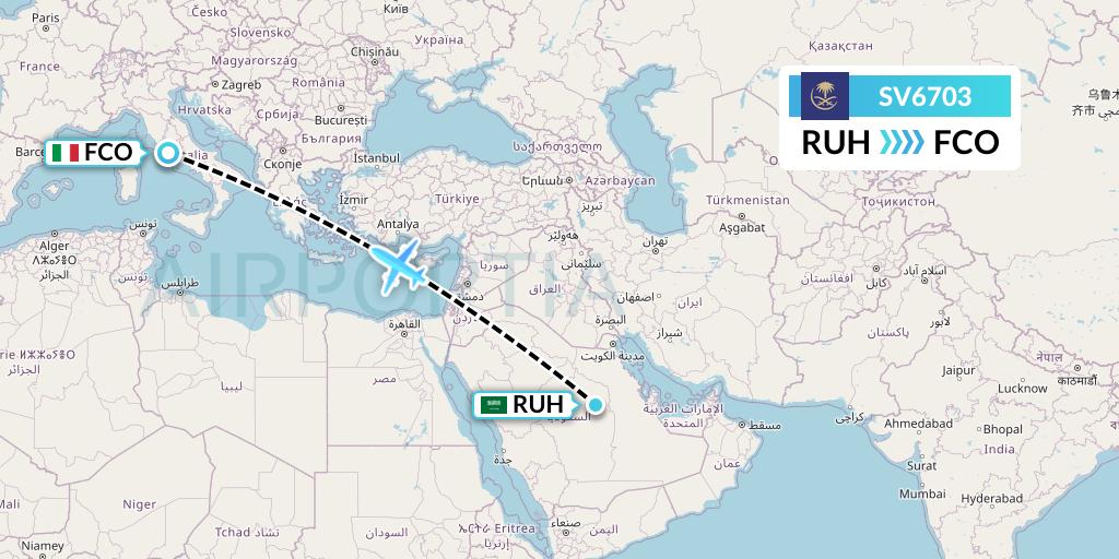 SV6703 Saudi Arabian Airlines Flight Map: Riyadh to Rome