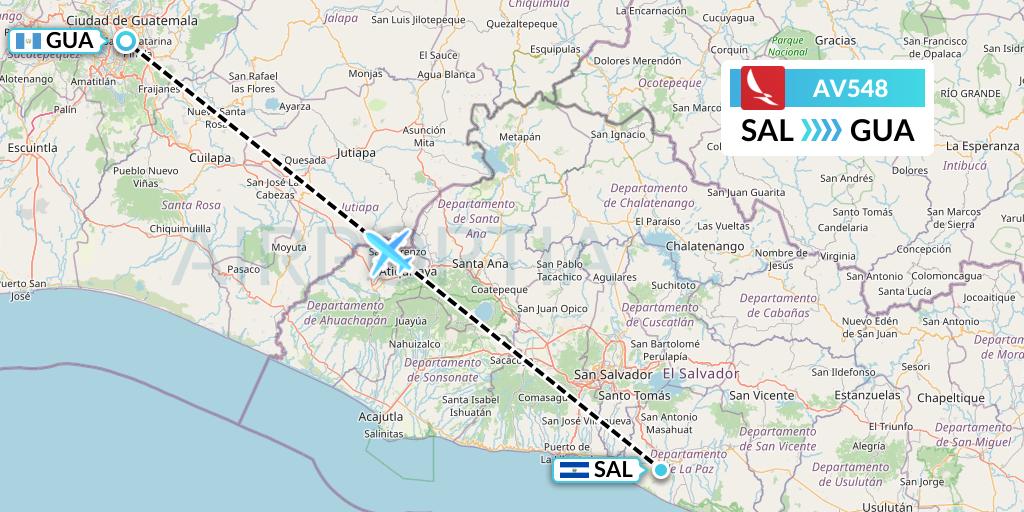 AV548 Avianca Flight Map: San Salvador to Guatemala City
