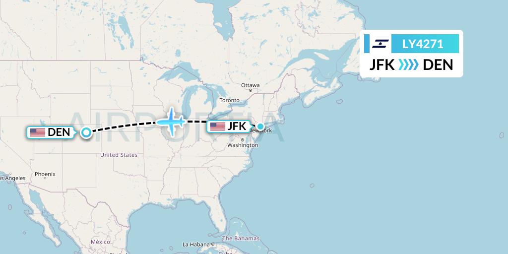 LY4271 El Al Flight Map: New York to Denver