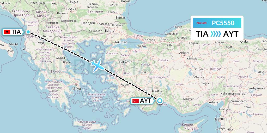 PC5550 Pegasus Airlines Flight Map: Tirana to Antalya