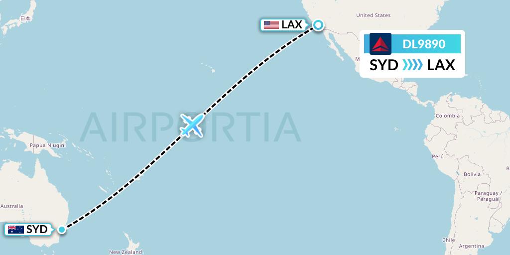 DL9890 Delta Air Lines Flight Map: Sydney to Los Angeles