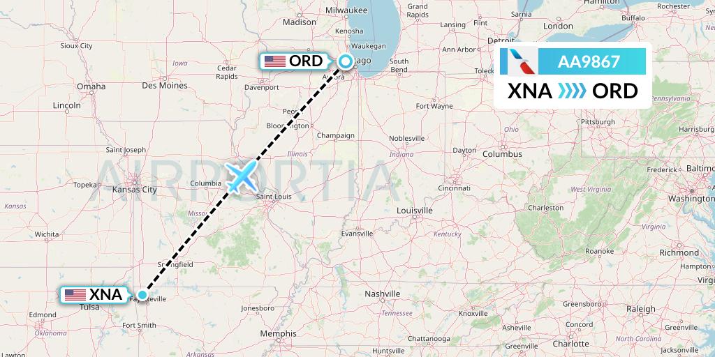 AA9867 American Airlines Flight Map: Bentonville to Chicago