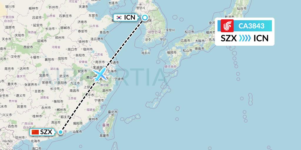 CA3843 Air China Flight Map: Shenzhen to Seoul