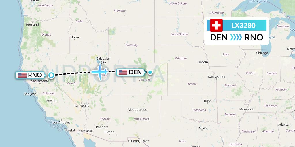 LX3280 Swiss Flight Map: Denver to Reno