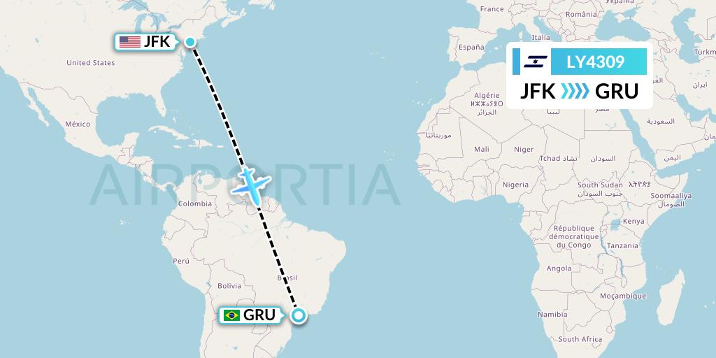 LY4309 El Al Flight Map: New York to Sao Paulo