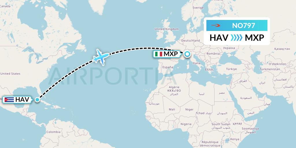NO797 Neos Flight Map: Havana to Milan