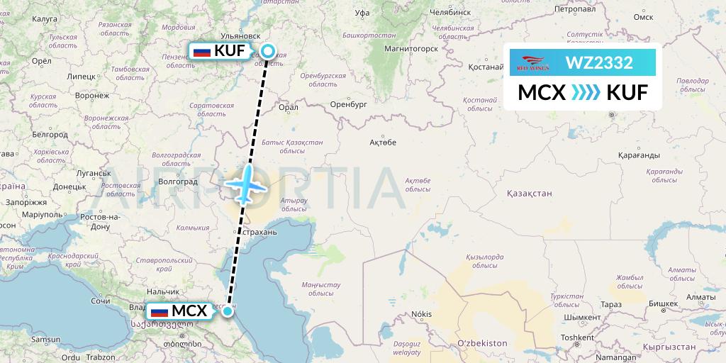 WZ2332 Red Wings Flight Map: Makhachkala to Samara