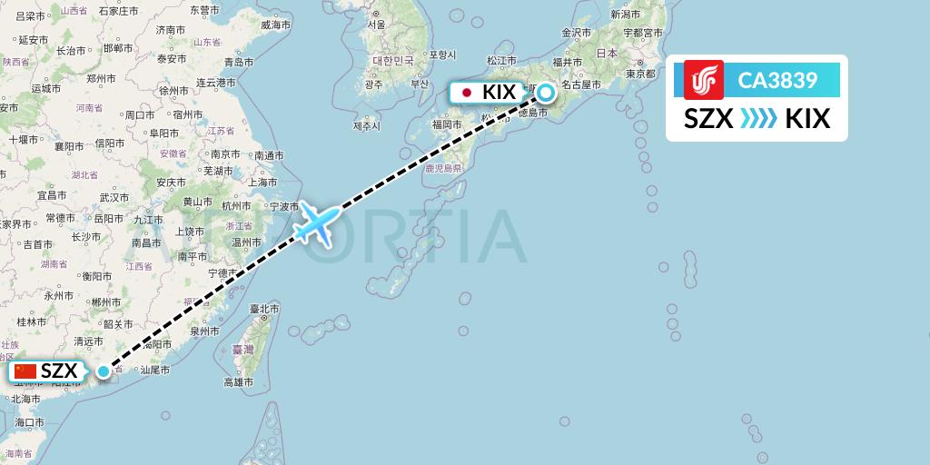 CA3839 Air China Flight Map: Shenzhen to Osaka
