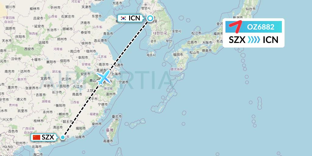 OZ6882 Asiana Airlines Flight Map: Shenzhen to Seoul