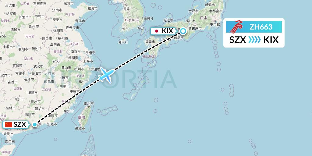 ZH663 Shenzhen Airlines Flight Map: Shenzhen to Osaka