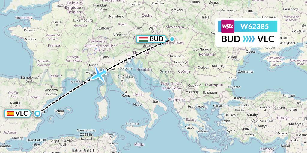 W62385 Wizz Air Flight Map: Budapest to Valencia