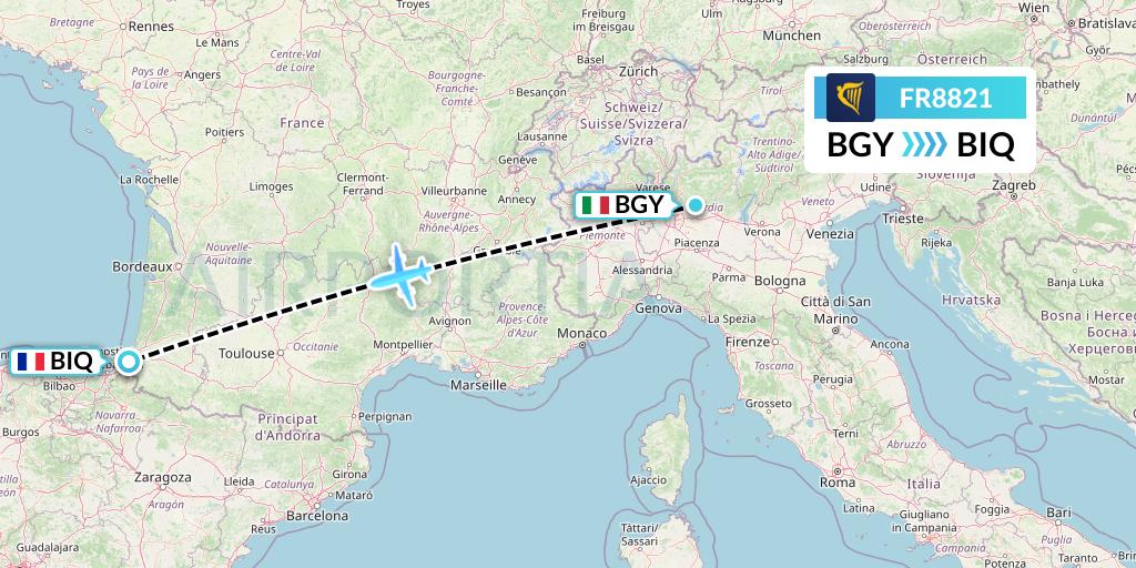 FR8821 Ryanair Flight Map: Milan to Biarritz