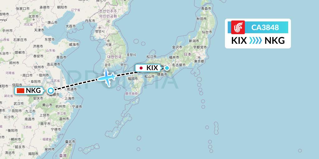 CA3848 Air China Flight Map: Osaka to Nanjing