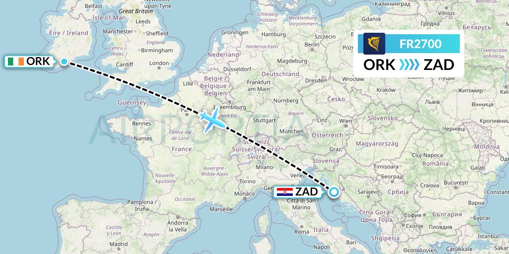 FR2700 Ryanair Flight Map: Cork to Zadar