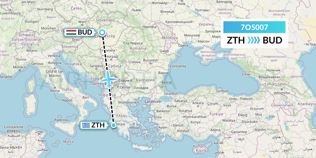 7O5007 Travel Service Hungary Flight Map: Zakynthos to Budapest