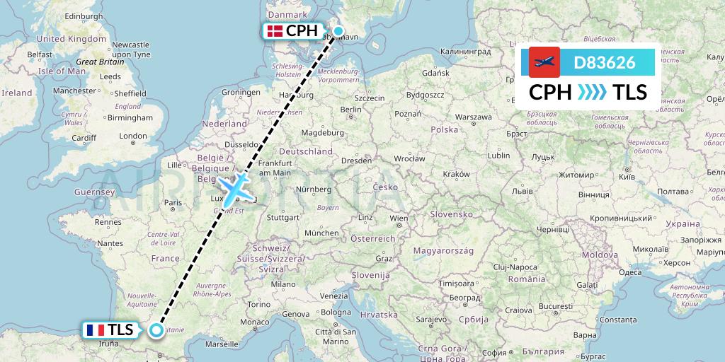 D83626 Norwegian Air International Flight Map: Copenhagen to Toulouse