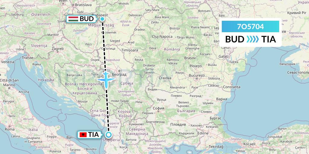 7O5704 Travel Service Hungary Flight Map: Budapest to Tirana