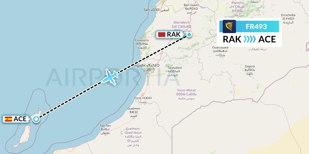FR493 Ryanair Flight Map: Marrakesh to Lanzarote