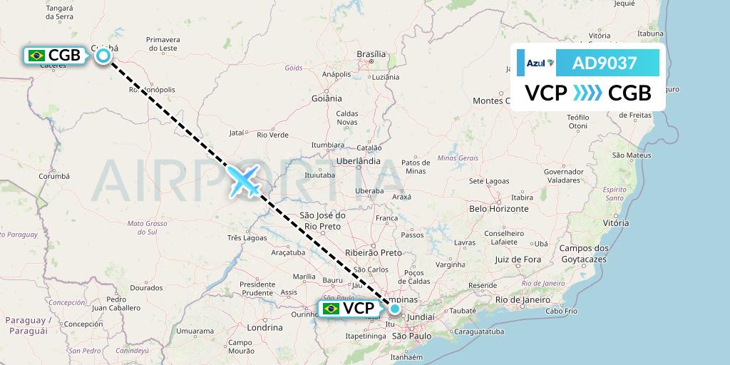 AD9037 Azul Brazilian Airlines Flight Map: Campinas to Cuiaba