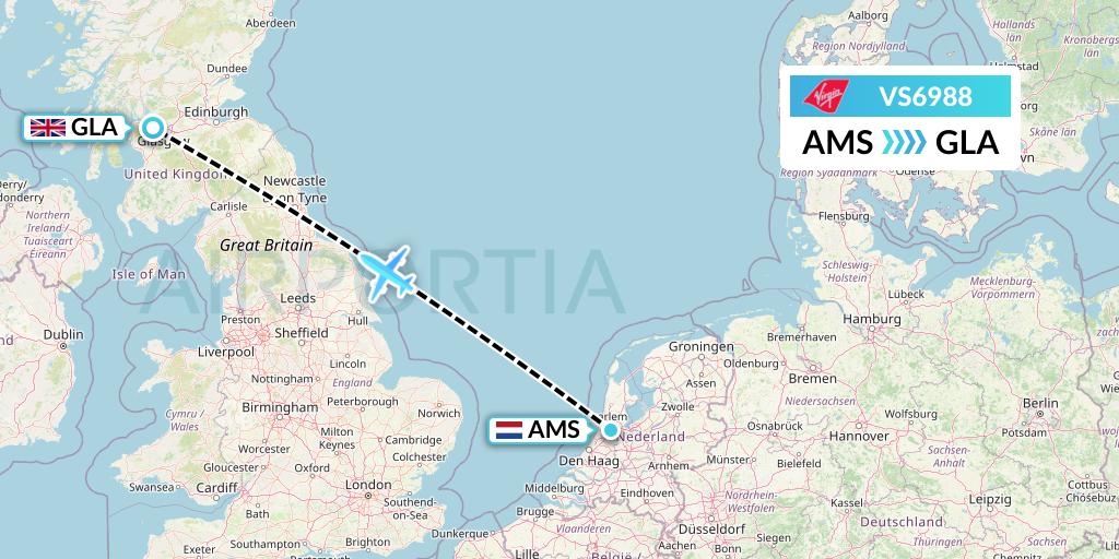 VS6988 Virgin Atlantic Airways Flight Map: Amsterdam to Glasgow