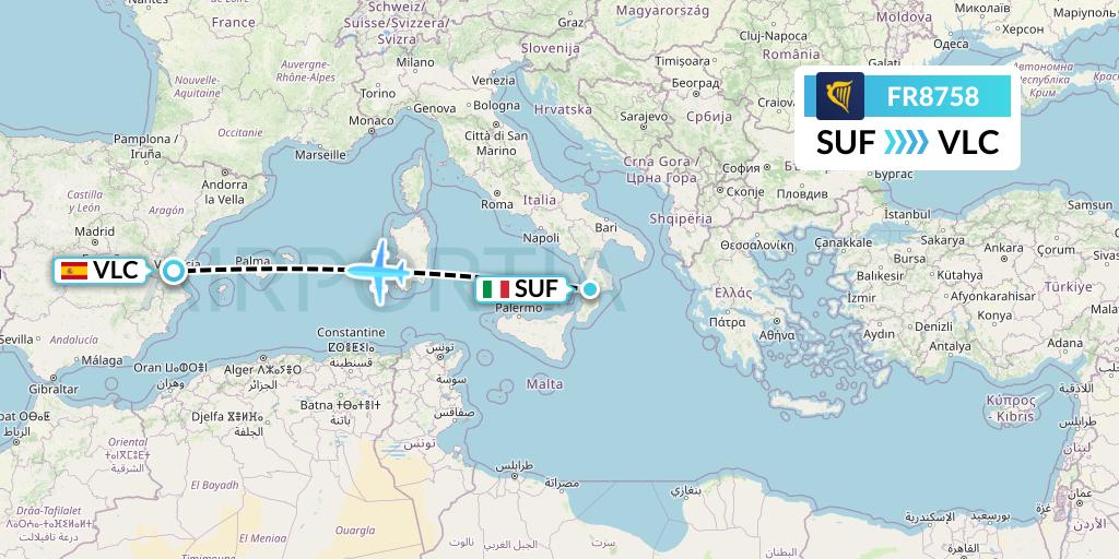 FR8758 Ryanair Flight Map: Lamezia Terme to Valencia