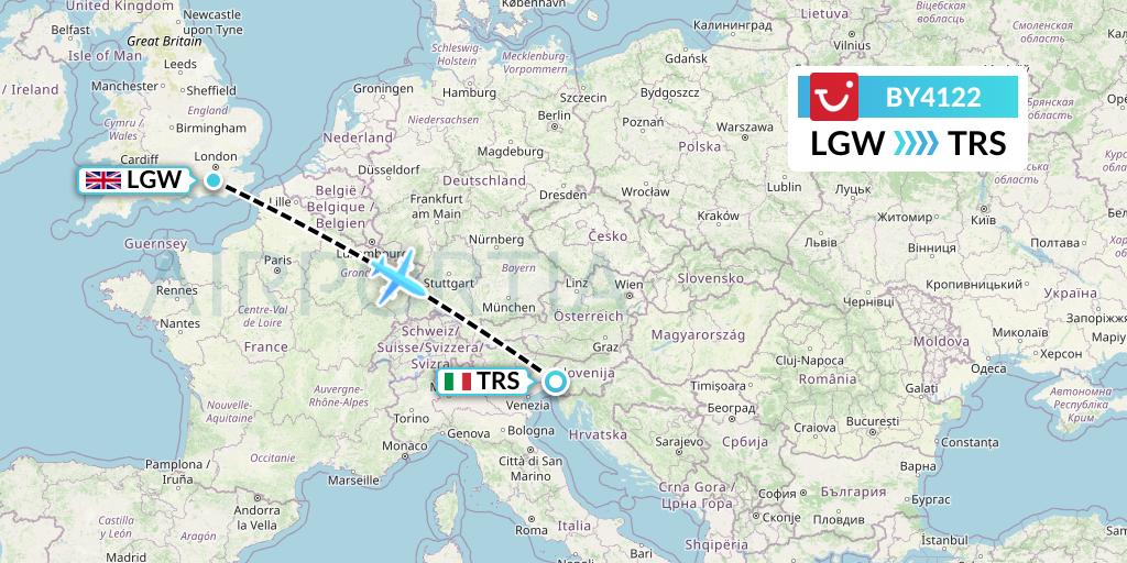 BY4122 TUI Airways Flight Map: London to Trieste