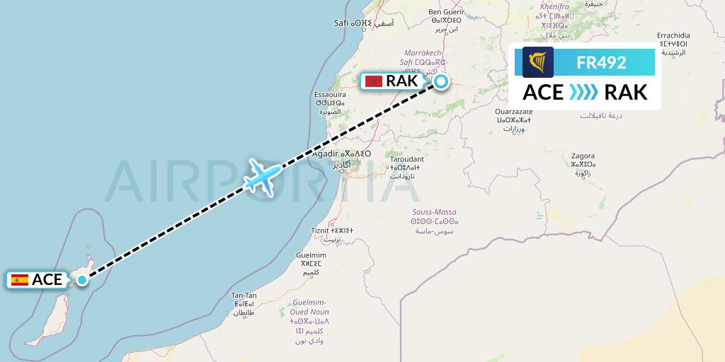 FR492 Ryanair Flight Map: Lanzarote to Marrakesh 