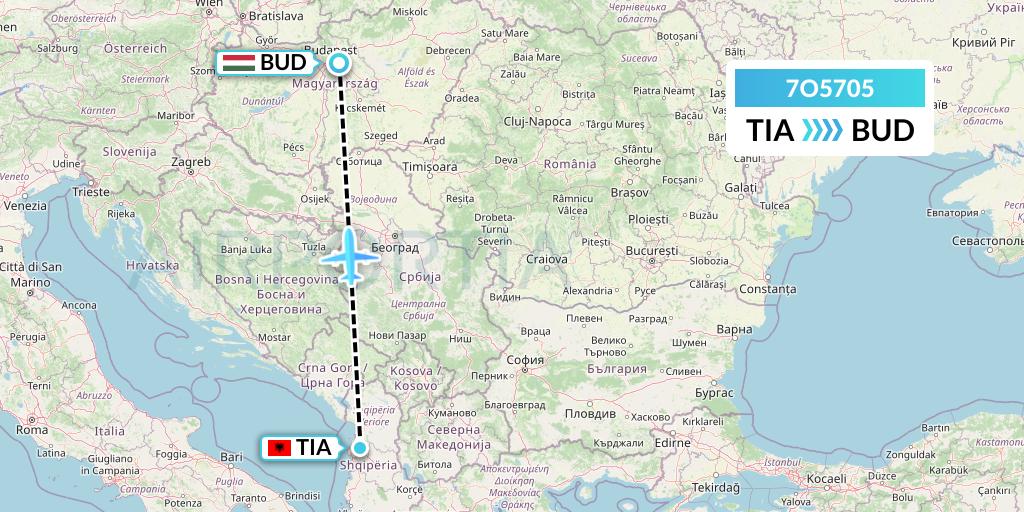 7O5705 Travel Service Hungary Flight Map: Tirana to Budapest