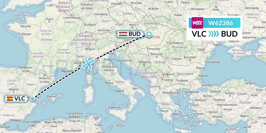 W62386 Wizz Air Flight Map: Valencia to Budapest