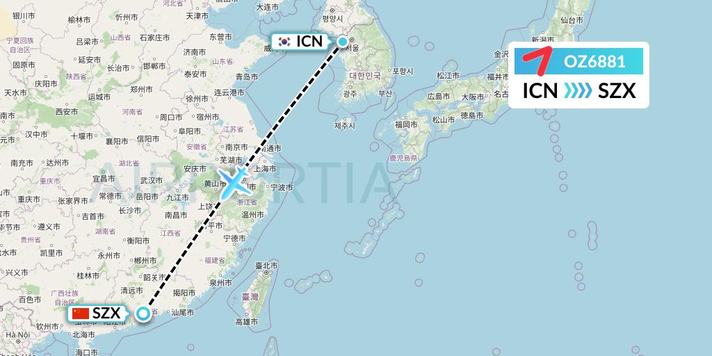 OZ6881 Asiana Airlines Flight Map: Seoul to Shenzhen