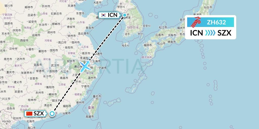ZH632 Shenzhen Airlines Flight Map: Seoul to Shenzhen
