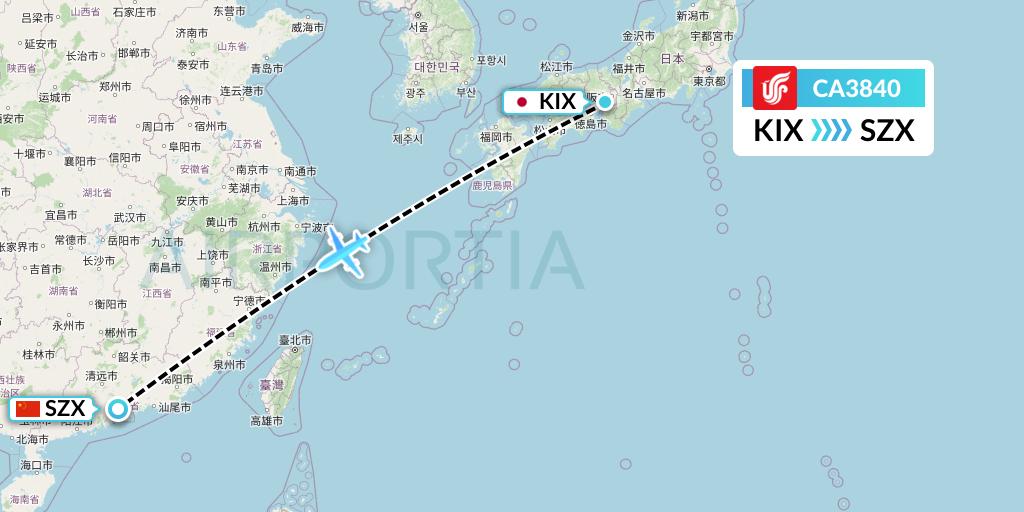 CA3840 Air China Flight Map: Osaka to Shenzhen