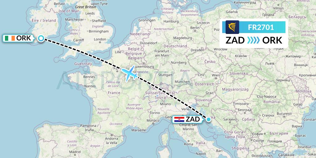 FR2701 Ryanair Flight Map: Zadar to Cork