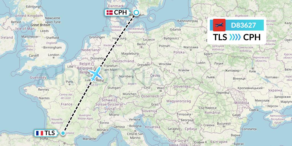 D83627 Norwegian Air International Flight Map: Toulouse to Copenhagen