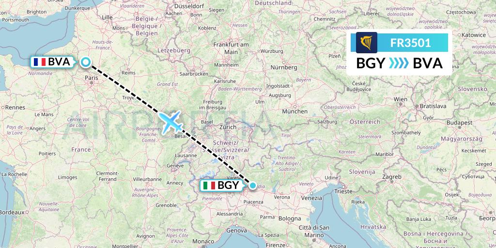 FR3501 Ryanair Flight Map: Milan to Paris