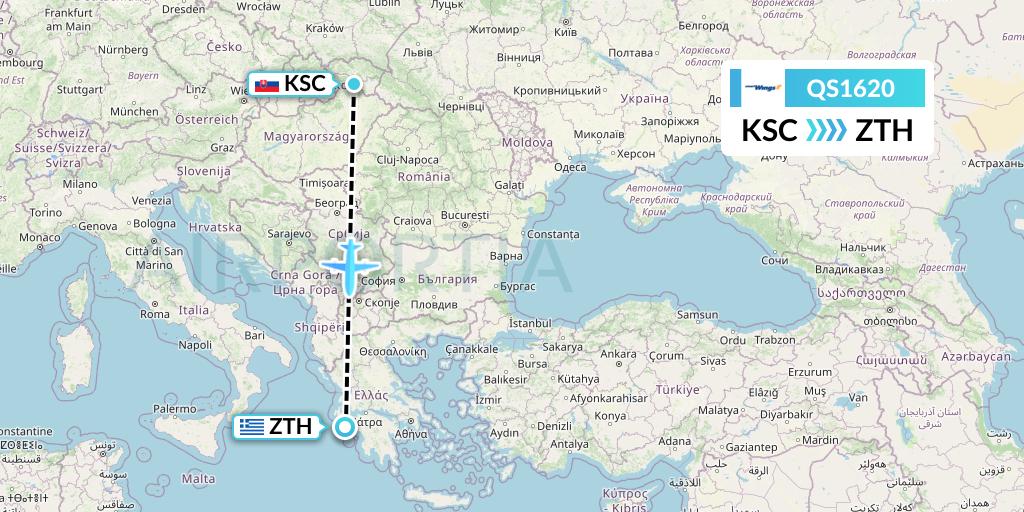 QS1620 Smartwings Flight Map: Kosice to Zakynthos