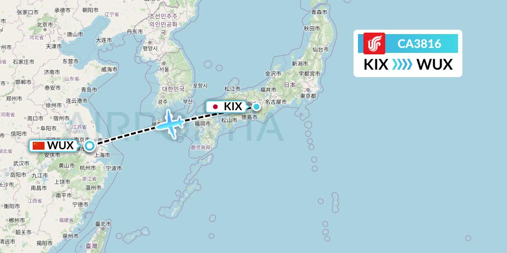 CA3816 Air China Flight Map: Osaka to Wuxi