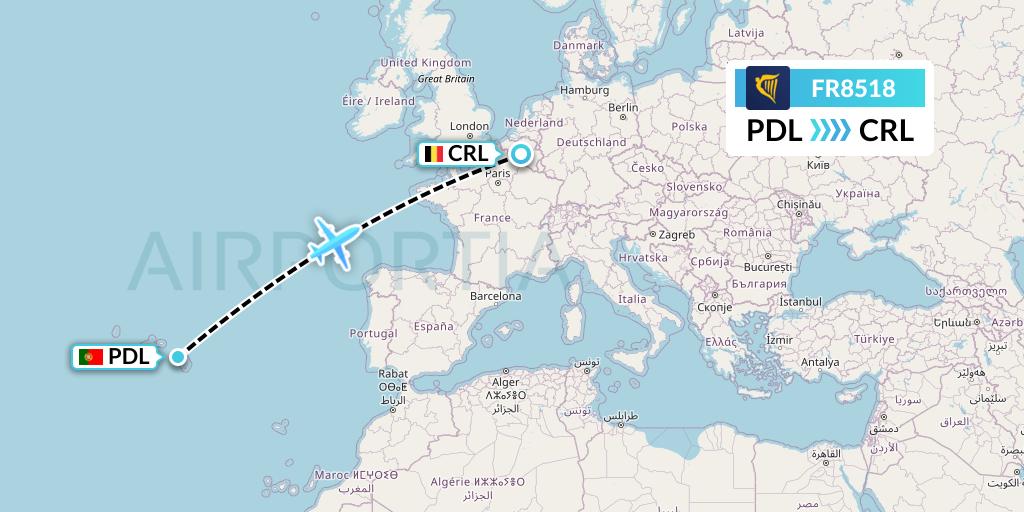 FR8518 Ryanair Flight Map: Ponta Delgada to Brussels