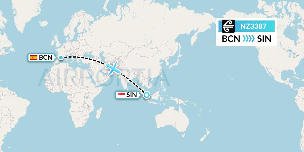NZ3387 Air New Zealand Flight Map: Barcelona to Singapore