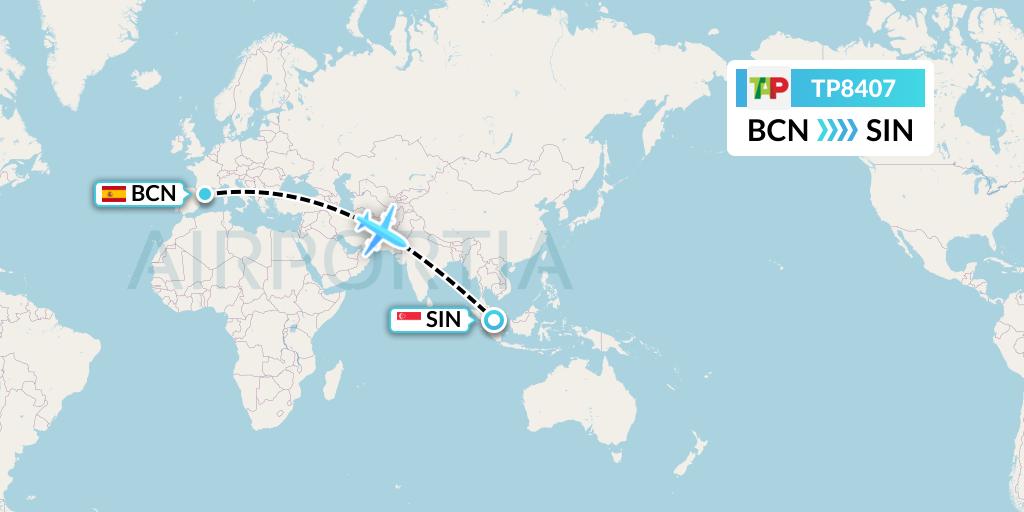 TP8407 TAP Portugal Flight Map: Barcelona to Singapore