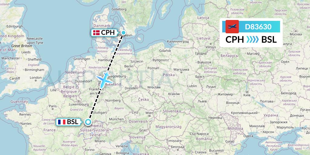 D83630 Norwegian Air International Flight Map: Copenhagen to Basel