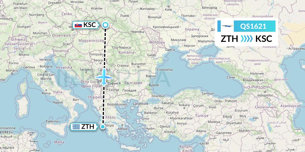 QS1621 Smartwings Flight Map: Zakynthos to Kosice