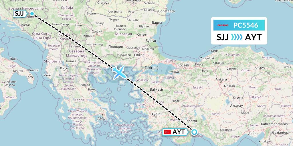 PC5546 Pegasus Airlines Flight Map: Sarajevo to Antalya