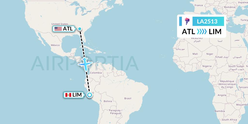 LA2513 LAN Airlines Flight Map: Atlanta to Lima