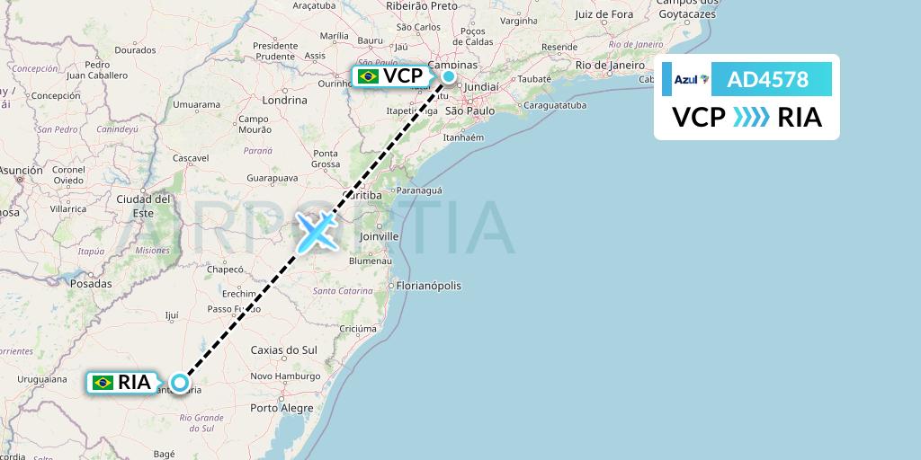 AD4578 Azul Brazilian Airlines Flight Map: Campinas to Santa Maria