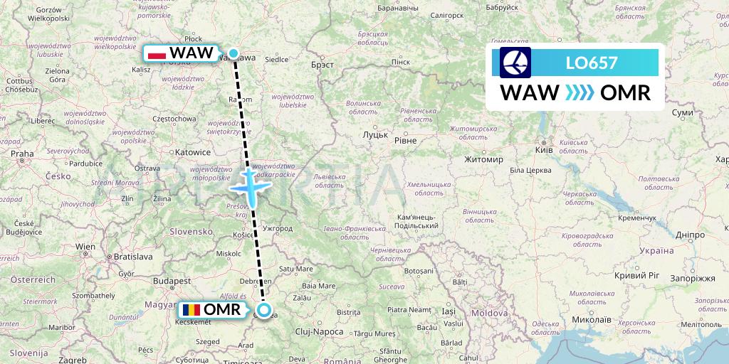 LO657 LOT Flight Map: Warsaw to Oradea