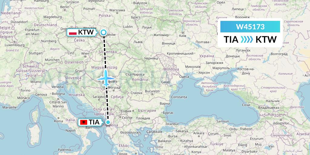 W45173 Wizz Air Malta Flight Map: Tirana to Katowice