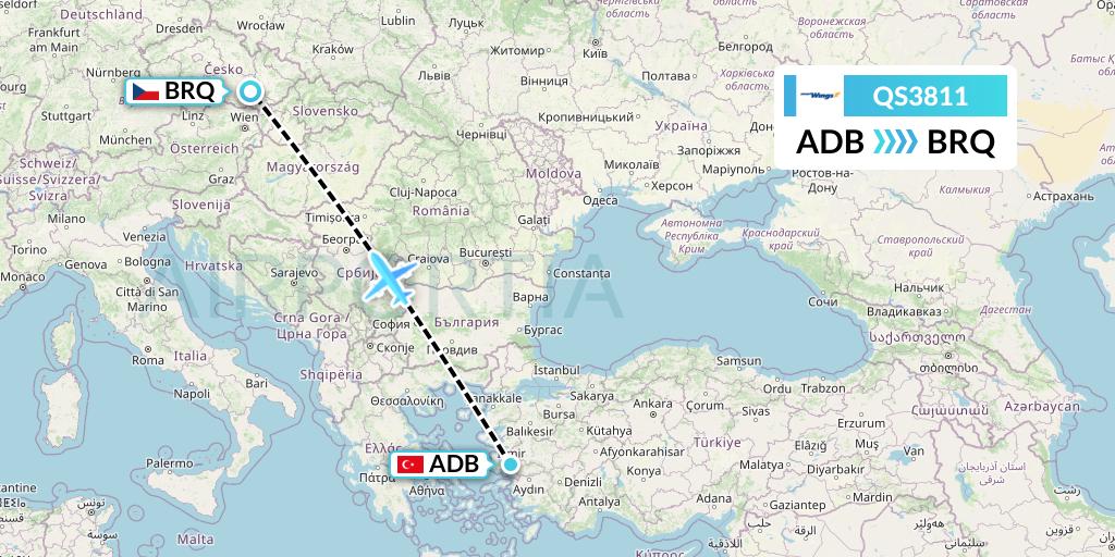 QS3811 Smartwings Flight Map: Izmir to Brno